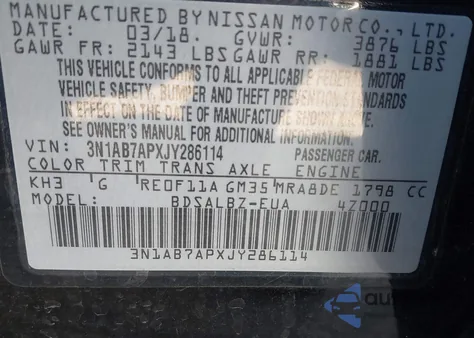 2018 Nissan Sentra S from USA, damaged, VIN 3N1AB7APXJY286114